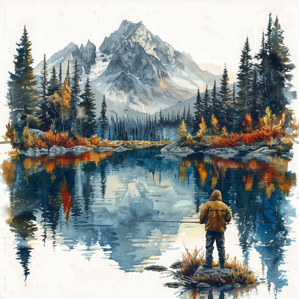 A fabric panel block featuring a quilted design with a fisherman on a lakeshore, surrounded by trees and mountains.
