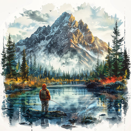 A fabric panel print of a fisherman standing on a rock by a lake, with a mountain in the background, digitally printed on 100% cotton.