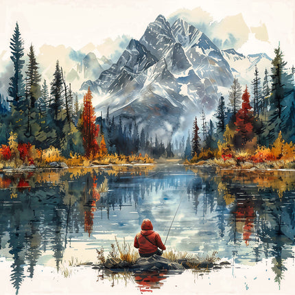 A fabric panel block depicting a serene quilting scene with a fisherman on the edge of a lake surrounded by pine trees and a mountain range in the background.