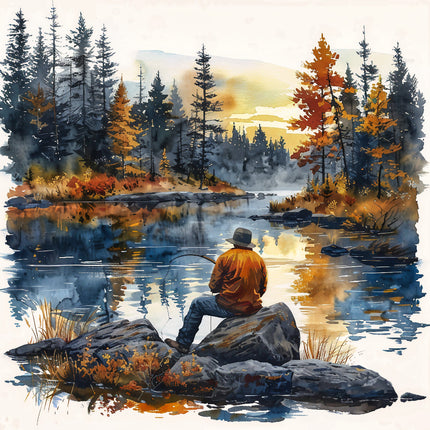 A fabric panel block depicting a person fishing by a river surrounded by trees with autumn colors.