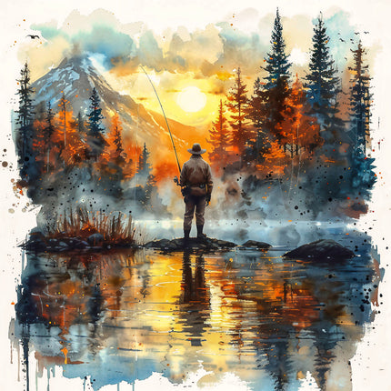 A digitally printed 100% cotton fabric panel featuring a silhouette of a fisherman with a fishing rod, standing on a bank of a river fabric panel
