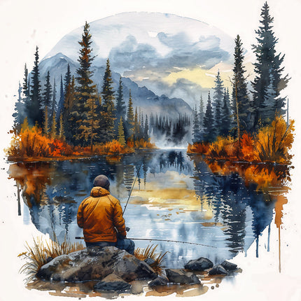 A fabric panel block depicting a person fishing by a serene lake fabric panel