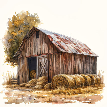 A fabric panel featuring a rustic barn with hay bales in the foreground and a tree to the left.