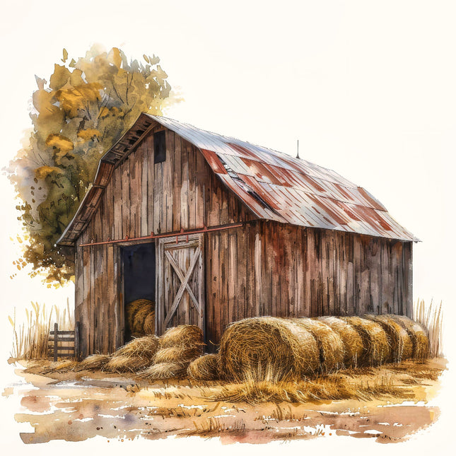 A fabric panel featuring a rustic barn with hay bales in the foreground and a tree to the left.