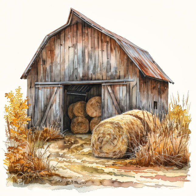 A fabric panel block depicting a rustic barn with hay bales and autumn foliage.