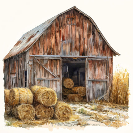 A fabric panel depicting a rustic barn with hay bales in front.