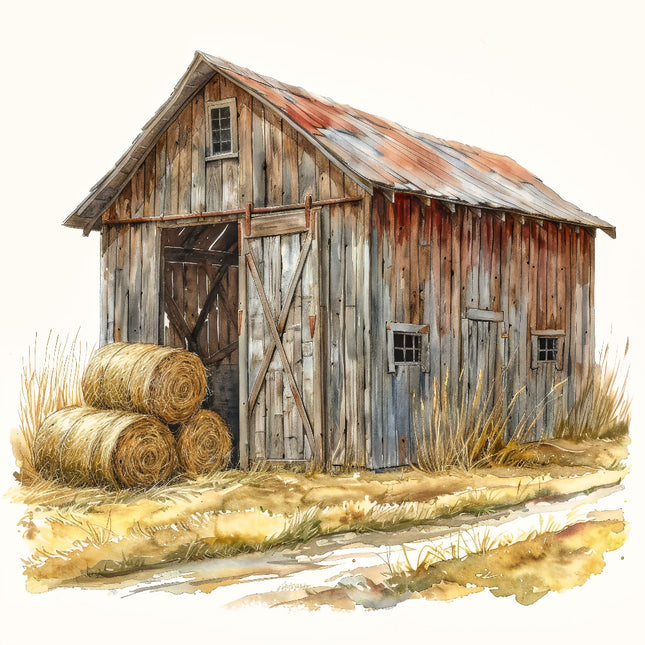 A fabric panel featuring a rustic barn
