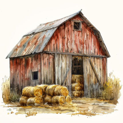 A fabric panel featuring a rustic barn with hay bales in front, digitally printed on cotton material.