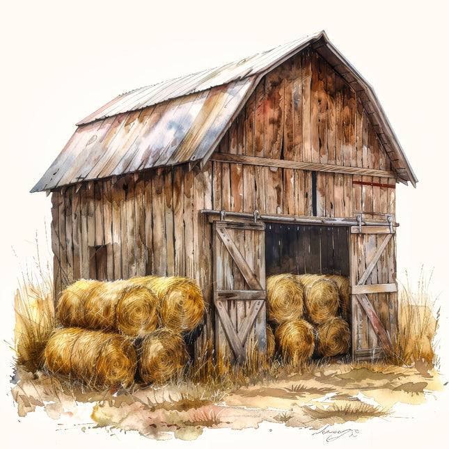 A fabric panel block depicting a rustic barn with hay bales in front.