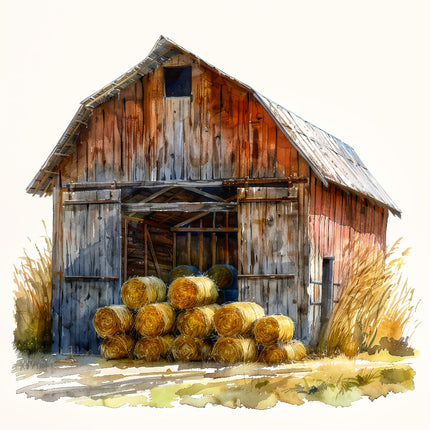 A fabric panel block depicting a rustic barn with hay bales fabric panel