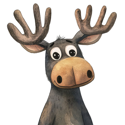 A digitally printed fabric panel featuring a cute cartoon moose with large eyes and antlers.