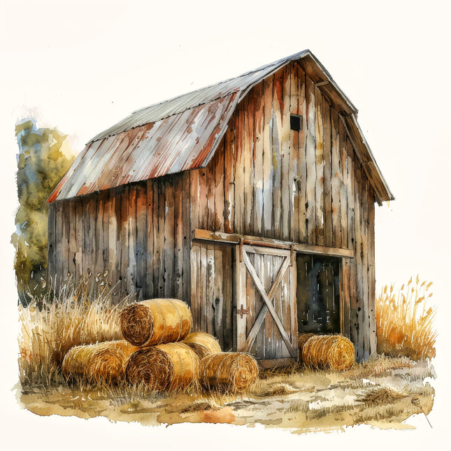 A fabric panel featuring a rustic barn with hay bales in a country setting.