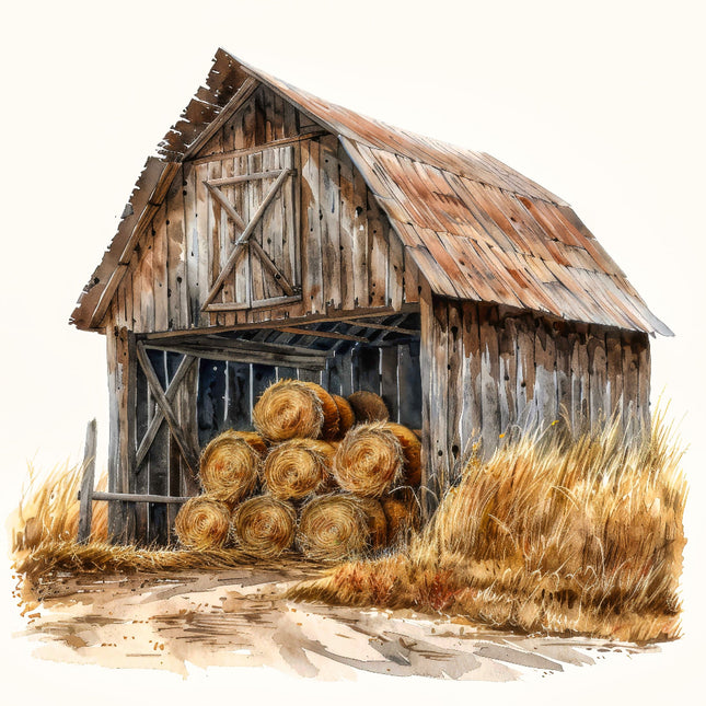 A digitally printed 100% cotton fabric panel featuring a rustic barn with hay bales.