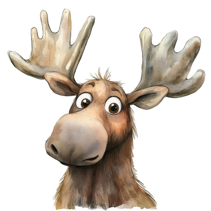 A digitally printed 100% cotton fabric panel featuring a cute moose with large antlers, primarily in brown tones.