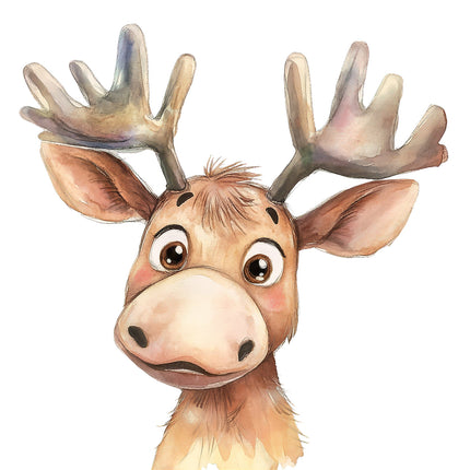 A digitally printed fabric panel featuring a cute moose with large antlers, in brown, beige, and gray colors.