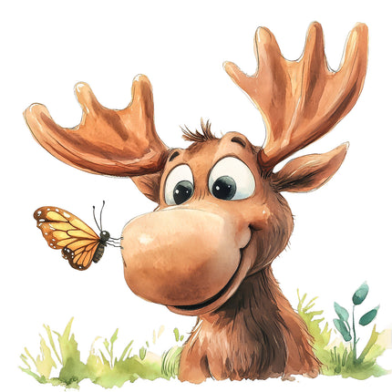 A digitally printed fabric panel featuring a cute cartoon moose with antlers fabric panel