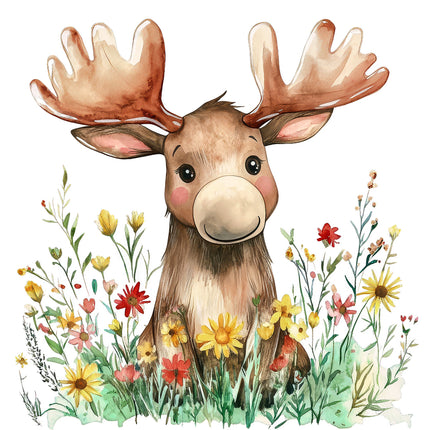 A digitally printed 100% cotton fabric panel featuring a cute moose with flowers in the background.