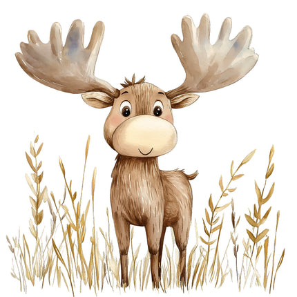 A digitally printed fabric panel featuring a cute moose with large antlers standing in a field with tall grasses.