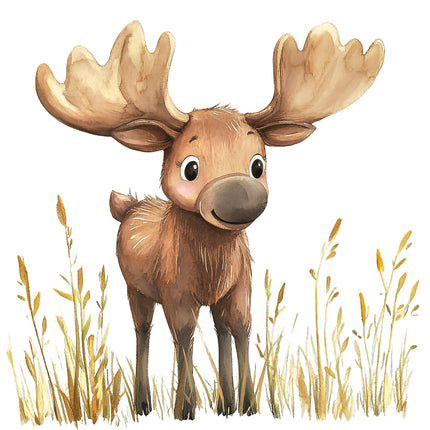 A digitally printed fabric panel featuring a cute moose with large antlers, standing in a grassy field.