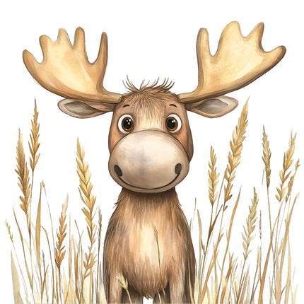 A digitally printed 100% cotton fabric panel featuring a cute moose with large antlers, standing in a field with tall grasses.