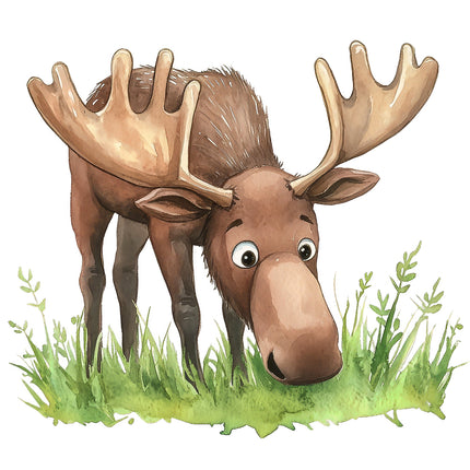 A digitally printed 100% cotton fabric panel featuring a cute moose with large antlers, standing in a grassy area.