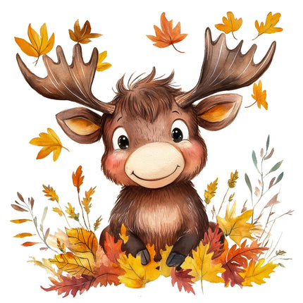 A digitally printed 100% cotton fabric panel featuring a cute moose with autumn leaves.