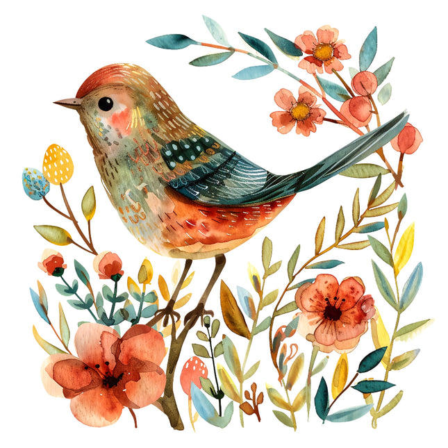 A fabric panel featuring a folk bird