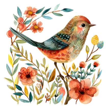 Colorful folk bird fabric panel