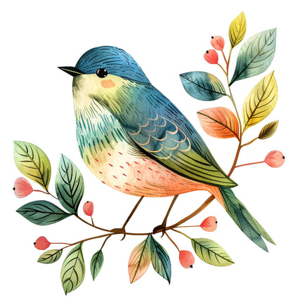 A digitally printed 100% cotton fabric panel featuring a colorful bird perched on a branch with leaves and berries.