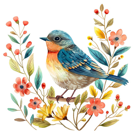 A digitally printed 100% cotton fabric panel featuring a colorful bird perched on a branch with flowers and leaves.