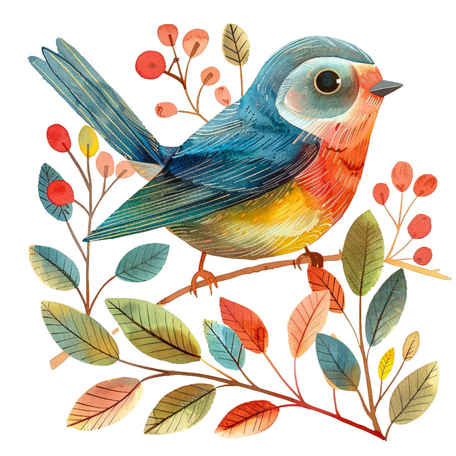 A colorful illustration of a bird perched on a branch with leaves and berries, digitally printed on fabric.