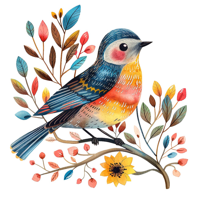 A digitally printed 100% cotton fabric panel featuring a colorful bird perched on a branch with leaves and a flower.