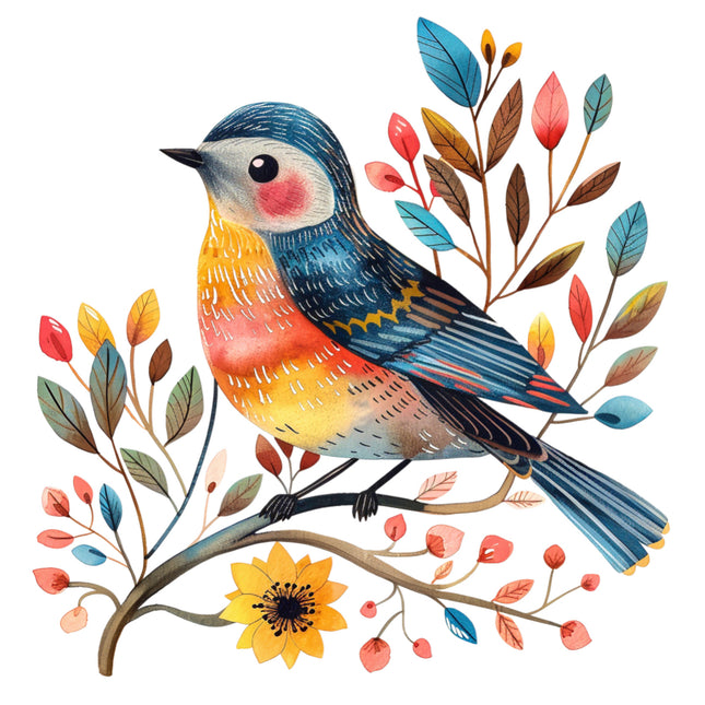 Colorful folk bird fabric panel