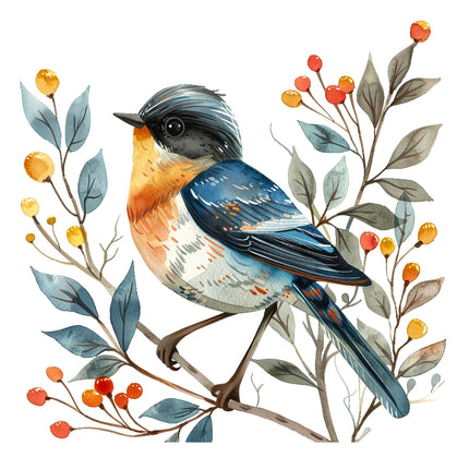 A digitally printed 100% cotton fabric panel featuring a colorful bird perched on a branch with leaves and berries, suitable for quilting and sewing.