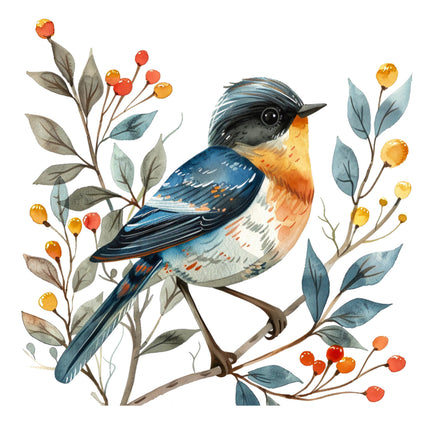 Colorful folk bird fabric panel for quilting