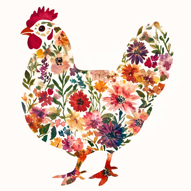 A digitally printed 100% cotton fabric panel featuring a floral chicken