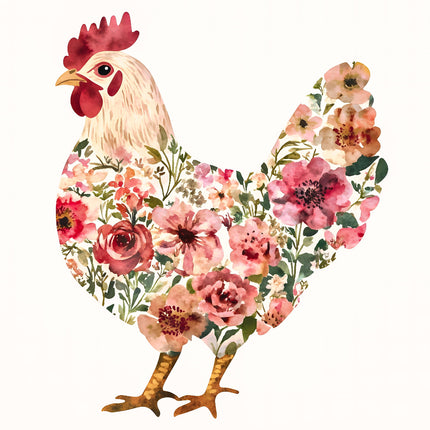 A fabric panel featuring a digitally printed floral chicken quilt panel