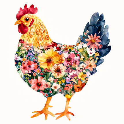 A digitally printed 100% cotton fabric panel featuring a multicolored floral pattern shaped like a chicken.