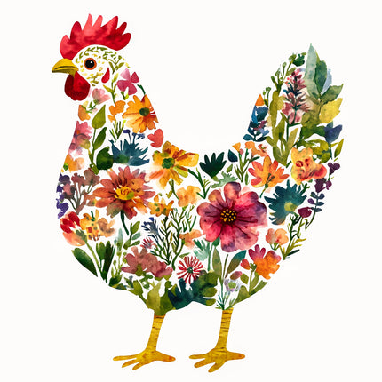A digitally printed 100% cotton fabric panel featuring a floral chicken design with a variety of flowers and leaves 