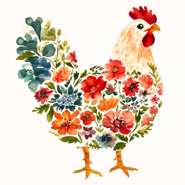 A fabric panel featuring a digitally printed floral chicken 