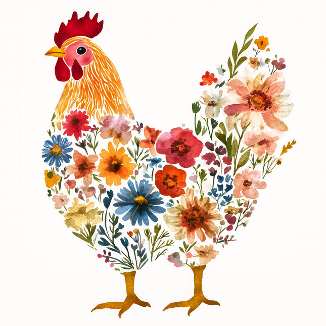 A digitally printed 100% cotton fabric panel featuring a floral chicken design 