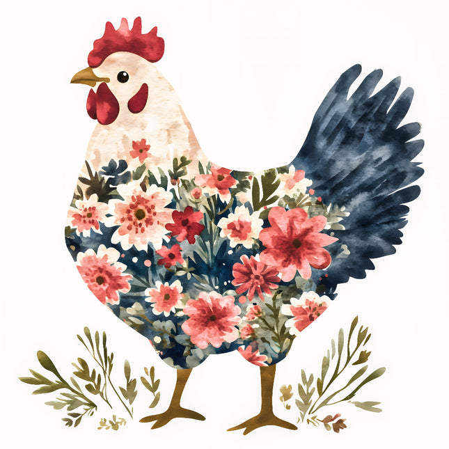 A digitally printed 100% cotton fabric panel featuring a floral chicken 