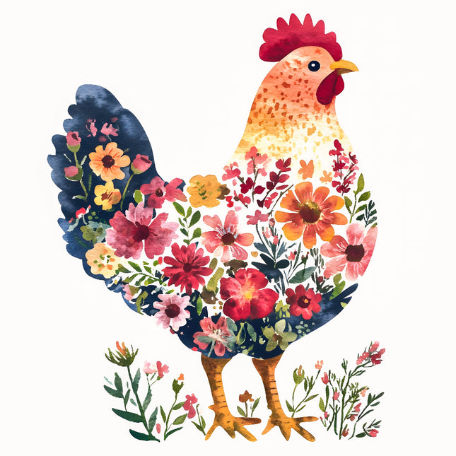A digitally printed 100% cotton fabric panel featuring a floral chicken design.