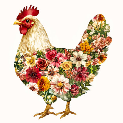 A digitally printed 100% cotton fabric panel featuring a floral chicken design.