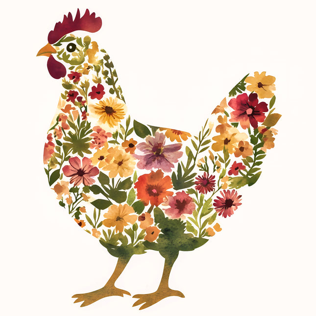 Floral Flower Chicken 100% Cotton Fabric Panel Block O2421