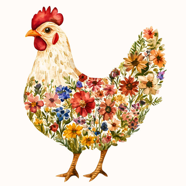 A digitally printed 100% cotton fabric panel featuring a chicken covered in a variety of colorful flowers.