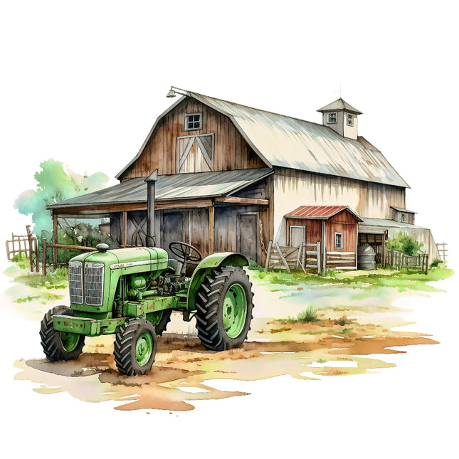 A fabric panel featuring a watercolor illustration of an old barn and a green tractor in front of it.