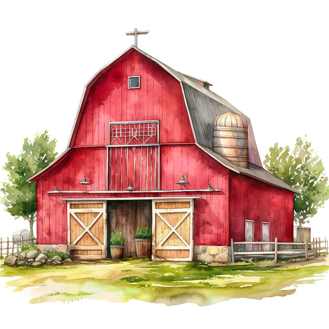 A digitally printed 100% cotton fabric panel featuring a red barn with a silo, wooden doors, and a cross on the top.