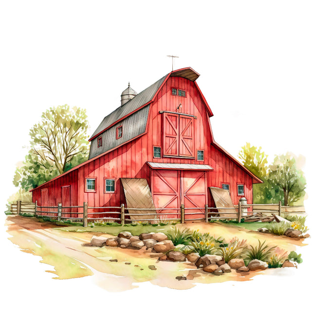 A digitally printed 100% cotton fabric panel featuring a red barn with a large double door