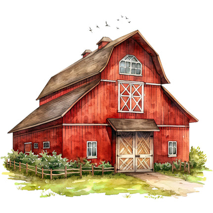 A fabric panel block featuring a digitally printed red barn fabric panel